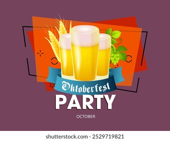 Partyschrift auf dem Oktoberfest Festliches Banner-Design mit Bierbechern, Stacheln und Blättern auf abstraktem Hintergrund. Beschriftungen können für Einladungen, Werbung, Bekanntmachungen verwendet werden