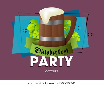 Oktoberfest party lettering y taza de cerveza de madera. Diseño de Anuncio festivo con taza de cerveza, espuma, púas y hojas sobre fondo abstracto. Las letras se pueden utilizar para invitaciones, publicidad, anuncios