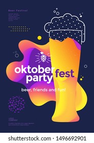 Oktoberfest party poster with glass of beer and gradient fluid shapes.