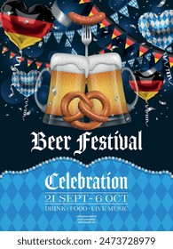 oktoberfest party poster with heart shaped party balloons and pennants. german beer festival flyer with beer mugs and pretzel