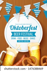 Oktoberfest party poster illustration with fresh beer, pretzel, sausage and blue and white party flag on wooden background. Vector Illustration