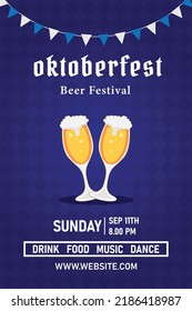 Oktoberfest party poster illustration with fresh dark beer, pretzel, and blue and white party flag. Vector celebration flyer template for traditional German beer