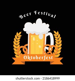 Oktoberfest party poster illustration with fresh dark beer, pretzel, and blue and white party flag. Vector celebration flyer template for traditional German beer