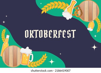 Ilustración de afiches de la fiesta Oktoberfest con cerveza oscura fresca, pretzel y bandera de partido azul y blanco. Plantilla de volante para celebración de vectores para cerveza tradicional alemana