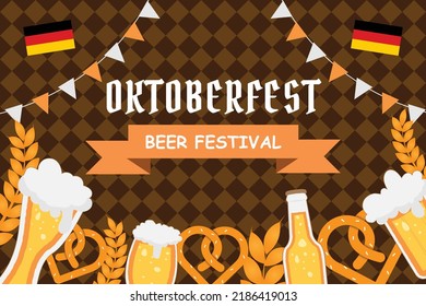 Oktoberfest party poster illustration with fresh dark beer, pretzel, and blue and white party flag. Vector celebration flyer template for traditional German beer