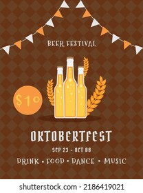 Oktoberfest party poster illustration with fresh dark beer, pretzel, and blue and white party flag. Vector celebration flyer template for traditional German beer