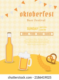 Oktoberfest party poster illustration with fresh dark beer, pretzel, and blue and white party flag. Vector celebration flyer template for traditional German beer