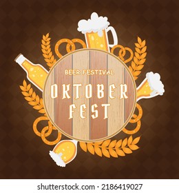 Oktoberfest party poster illustration with fresh dark beer, pretzel, and blue and white party flag. Vector celebration flyer template for traditional German beer