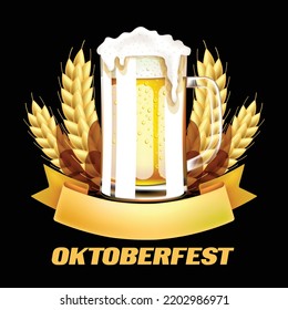 Oktoberfest party poster illustration with fresh dark beer, 