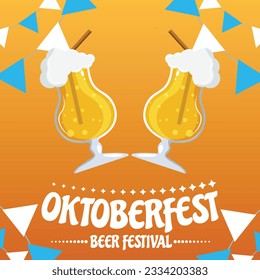 Oktoberfest party poster illustration with fresh dark beer, pretzel, sausage and blue and white party flag on shiny yellow background. Vector celebration flyer template for traditional German beer