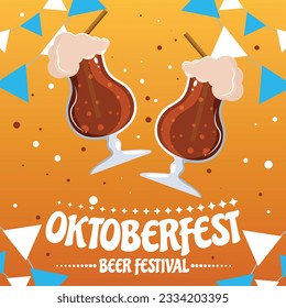 Oktoberfest party poster illustration with fresh dark beer, pretzel, sausage and blue and white party flag on shiny yellow background. Vector celebration flyer template for traditional German beer