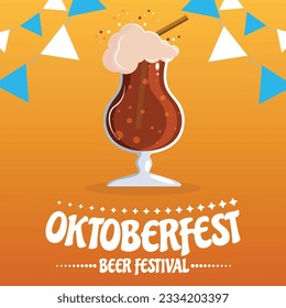 Ilustración de afiches de la fiesta Oktoberfest con cerveza fresca oscura, pretzel, salchicha y bandera de fiesta azul y blanco sobre fondo amarillo brillante. Plantilla de volante para celebración de vectores para cerveza tradicional alemana