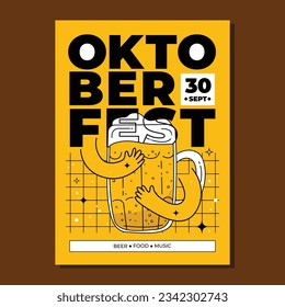 Oktoberfest party poster illustration with hands hugging holding a beer on yellow background