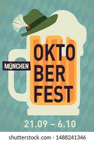 Oktoberfest party poster illustration with mug of beer and blue and hat party  background. Vector celebration flyer template for traditional German beer