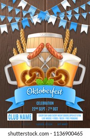 Oktoberfest party poster invite template. Vector illustration with beer glasses, sausages, hops, barrel and wheat on wooden texture. Invitation to nightclub.