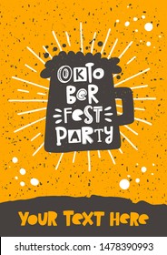 Oktoberfest party vector banner template. Beer glass with foam silhouette with stylized lettering on orange dirty effect background. Traditional German beer festival promo poster with text space