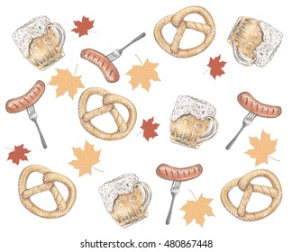Oktoberfest pattern. Background beer, sausage, pretzel vector