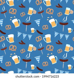 Oktoberfest pattern. Beer festival food and flag. Seamless Oktoberfest background. Vector illustration.