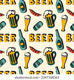 oktoberfest pattern with beer sausages and beer glasses and bottles.
