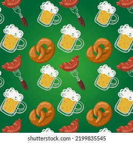 Oktoberfest pattern with different tyrolean elements. Oktoberfest concept with bavarian characters. Seamless pattern with doodles . Vector.Modern flat cartoon style.