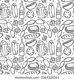 Oktoberfest pattern. Doodle oktoberfest background with beer and meet.