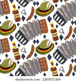 Oktoberfest pattern German beer national holiday decorative banner with isometric design vector illustration. October malt, carnival hat, beer, bottle opener, sausage, accordion accordion. Printing