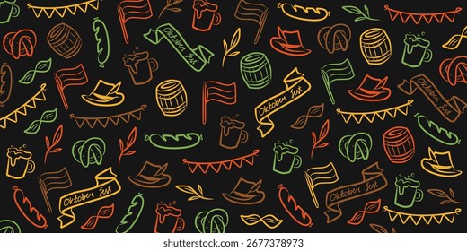 Patrón de Oktoberfest sobre fondo negro con pretzel colorido, salchicha, taza de cerveza, sombrero, barril y Elementos festivos que representan la cultura alemana, festival tradicional