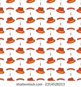 Oktoberfest pattern with traditional hats and sausages. Bavarian seamless background. Octoberfest print. Germany diamond wallpaper texture. Vector illustration