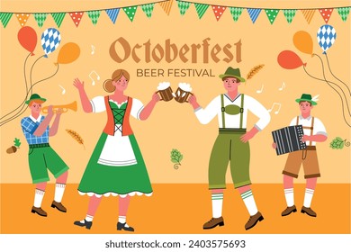 Oktoberfest people banner. Bavarian traditions, annual beer holiday characters, dancing boys and girls clink drink glasses, vector poster.eps
