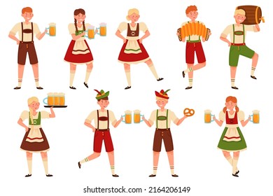 Oktoberfest people. Bavarian cartoon characters in traditional costumes, happy men and women on beer fest in pub hold mugs and barrel, german brewery, folclore alcohol party recent vector set