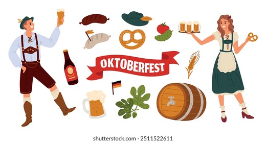 Pessoas Oktoberfest e elementos de férias de cerveja. Casal feliz com trajes bávaros. Mulher sorridente. Dançando homem. Brezel e cerveja vidro. Barril de cervejaria. Participantes do festival