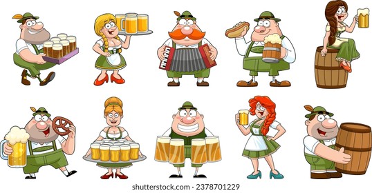 Oktoberfest People Cartoon Characters. Vector Hand Drawn Collection Set Isolated On Transparent Background