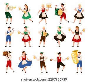 Oktoberfest with People Characters in Traditional Bavarian Costumes Playing Musical Instrument and Carrying Beer Mug Big Vector Set