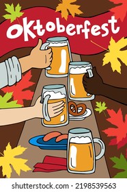 Oktoberfest. People Clink Beer Mugs At A Table With Traditional German Food And Colorful Maple Leaves. Vector Greeting Card, Postcard, Poster