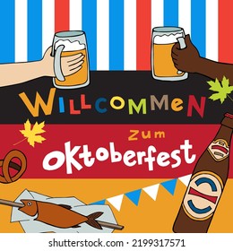 Oktoberfest. People Clink Beer Mugs. Traditional German Food And Colorful Maple Leaves. Vector Greeting Card, Postcard, Poster