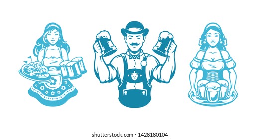 Oktoberfest people man and woman silhouettes in traditional german dress holding beer and food vector illustration isolated on white.