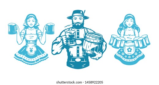 Oktoberfest people man and woman silhouettes in traditional german dress holding beer and food vector illustration isolated on white.