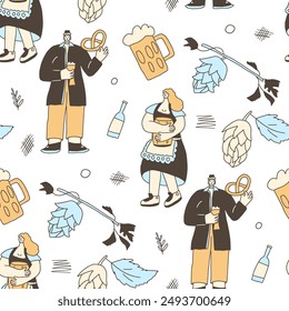 Oktoberfest people seamless pattern. Doodle characters with beer, pretzel and hop cones endless background. Autumn festive continuous cover. Beer lovers repeat ornament surface. Vector illustration.