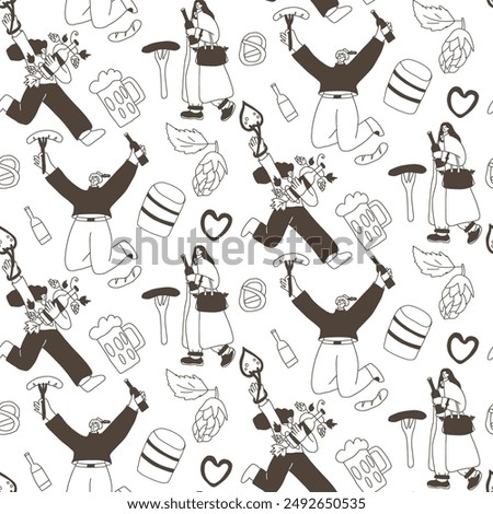 Oktoberfest people seamless pattern. Doodle characters with alcohol drinks endless background. Oktoberfest continuous cover. Beer lovers repeat ornament surface. Vector hand drawn illustration