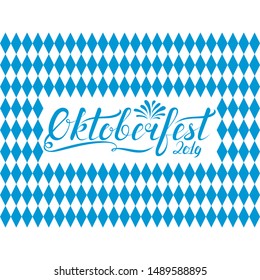 oktoberfest phrase on blue and white checkered diamond bavarian traditional background. handwritten calligraphy inscription. calligraphic text. october festival vector illustration
