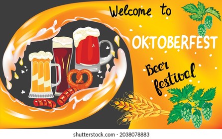 Oktoberfest posrer with streams of beer,full mugs  with foam,pretzel loaf,sausages,hop sprigs and wheat ears and hand lettering for oktober fest holidays.Oktoberfest beer pub vector illustration.