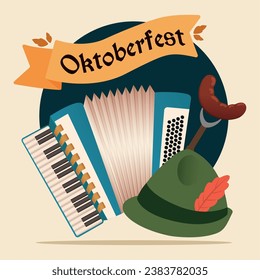 Oktoberfest poster Accordion German hat Sausage Vector