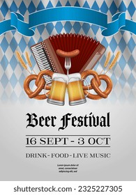 Oktoberfest poster with accordion, pretzel and beer mugs. Beer festival flyer	