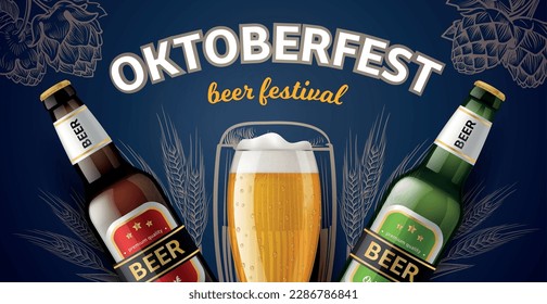 Oktoberfest poster. Annual beer holiday realistic elements, glass goblet and bottles with different drink varieties, web banner template, party ad, 3d isolated elements, utter vector concept