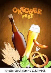 Oktoberfest poster or banner design, cocktail glass, sausage with fork, pretzel, hops and wheat grain on glossy brown texture background.