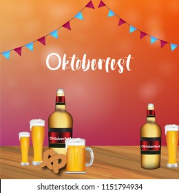 Oktoberfest poster, banner, flyer and wallpaper design illustration with beer glass and beer bottle. vector illustration.