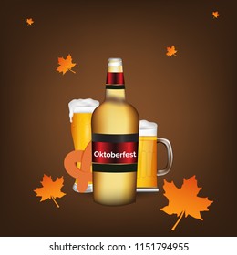 Oktoberfest poster, banner, flyer and wallpaper design illustration with beer glass and beer bottle. vector illustration.