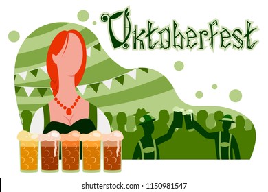 Oktoberfest poster, banner with a girl in a traditional suit, glasses of beer and a party with silhouettes of people. Vector flat modern illustration for holiday.