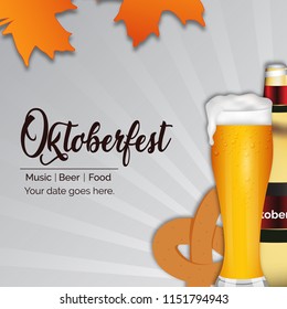 Oktoberfest poster, banner and greeting card vector design and illustration with fresh lager beer, barrel and pretzel, maple leafs.