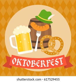 Oktoberfest poster or banner with pretzel, beer jug, sausage and haunting hat on barrel